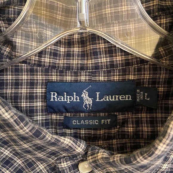 RALPH LAUREN MENS BLUE/BEIGE PLAID CLASSIC FIT COTTON LONG SLEEVE SHIRT SZ LARGE - Picture 5 of 7